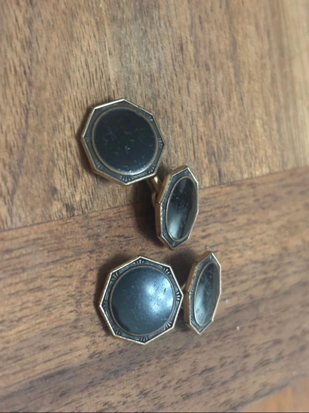 Vintage/antique KREMENTZ Gold Octagon Double-Chain Cufflinks with Black Inset